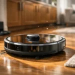 Robot vacuum gliding on hardwood floor