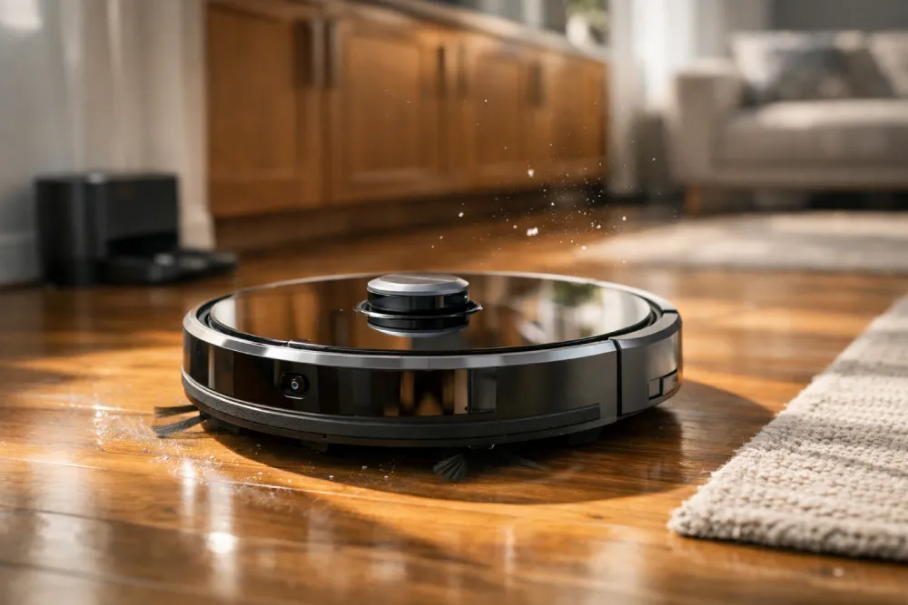 Robot vacuum gliding on hardwood floor